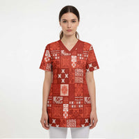Vintage Hawaiian Quilting Patterns Scrub Top Red Style Tribal Fabric Patchwork - Polynesian Pride