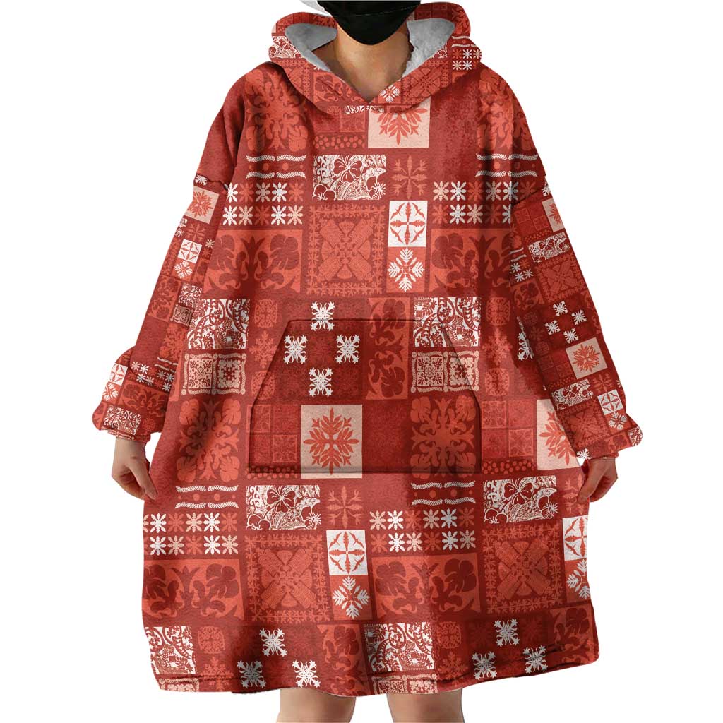 Vintage Hawaiian Quilting Patterns Wearable Blanket Hoodie Red Style Tribal Fabric Patchwork - Polynesian Pride