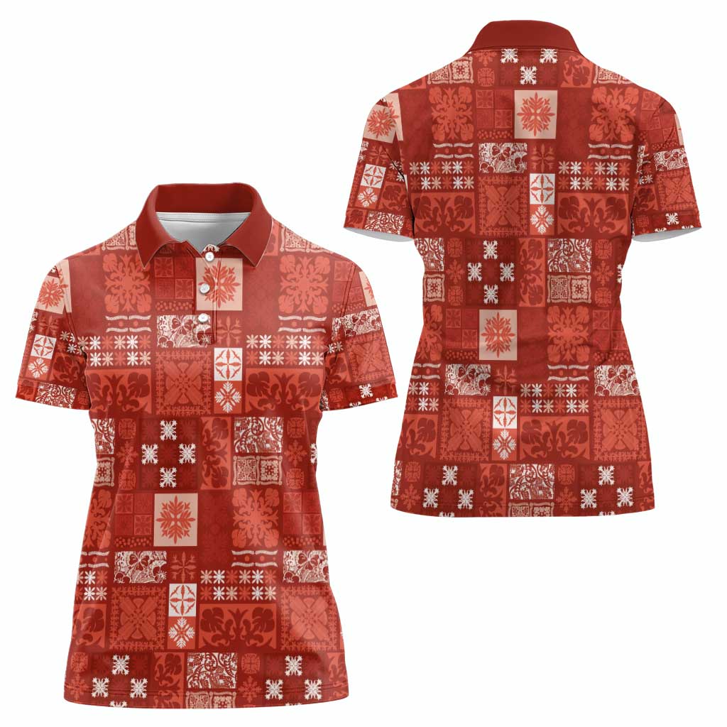 Vintage Hawaiian Quilting Patterns Women Polo Shirt Red Style Tribal Fabric Patchwork - Polynesian Pride