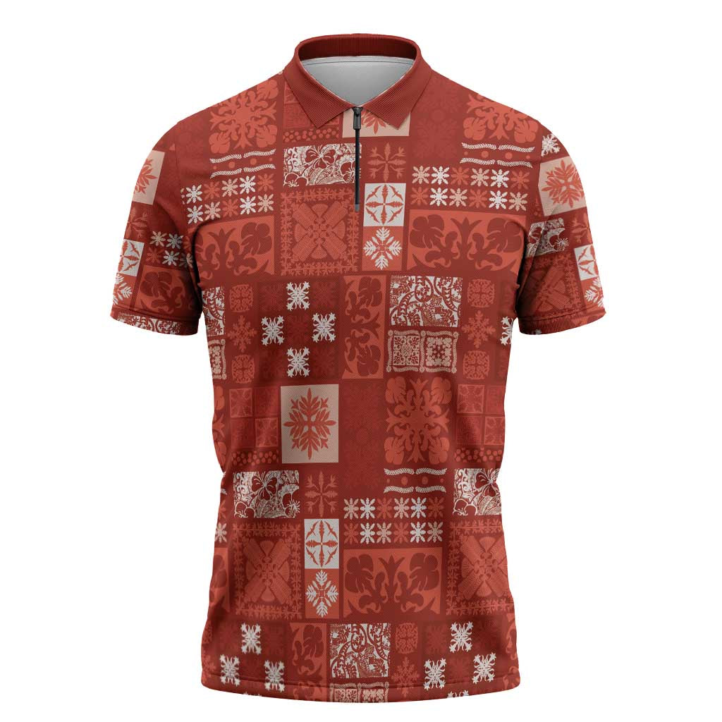 Vintage Hawaiian Quilting Patterns Zipper Polo Shirt Red Style Tribal Fabric Patchwork - Polynesian Pride