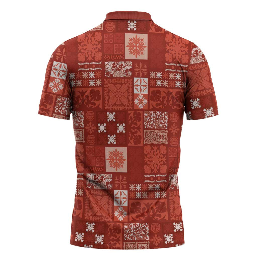 Vintage Hawaiian Quilting Patterns Zipper Polo Shirt Red Style Tribal Fabric Patchwork - Polynesian Pride