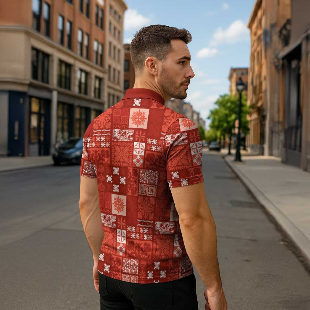 Vintage Hawaiian Quilting Patterns Zipper Polo Shirt Red Style Tribal Fabric Patchwork - Polynesian Pride