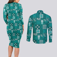 Vintage Hawaiian Quilting Patterns Couples Matching Long Sleeve Bodycon Dress and Long Sleeve Button Shirt Turquoise Style Tribal Fabric Patchwork - Polynesian Pride