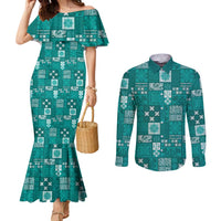 Vintage Hawaiian Quilting Patterns Couples Matching Mermaid Dress and Long Sleeve Button Shirt Turquoise Style Tribal Fabric Patchwork LT9 Turquoise - Polynesian Pride
