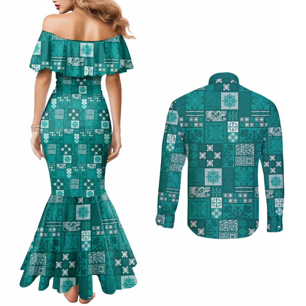 Vintage Hawaiian Quilting Patterns Couples Matching Mermaid Dress and Long Sleeve Button Shirt Turquoise Style Tribal Fabric Patchwork LT9 - Polynesian Pride