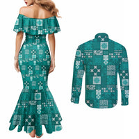 Vintage Hawaiian Quilting Patterns Couples Matching Mermaid Dress and Long Sleeve Button Shirt Turquoise Style Tribal Fabric Patchwork LT9 - Polynesian Pride