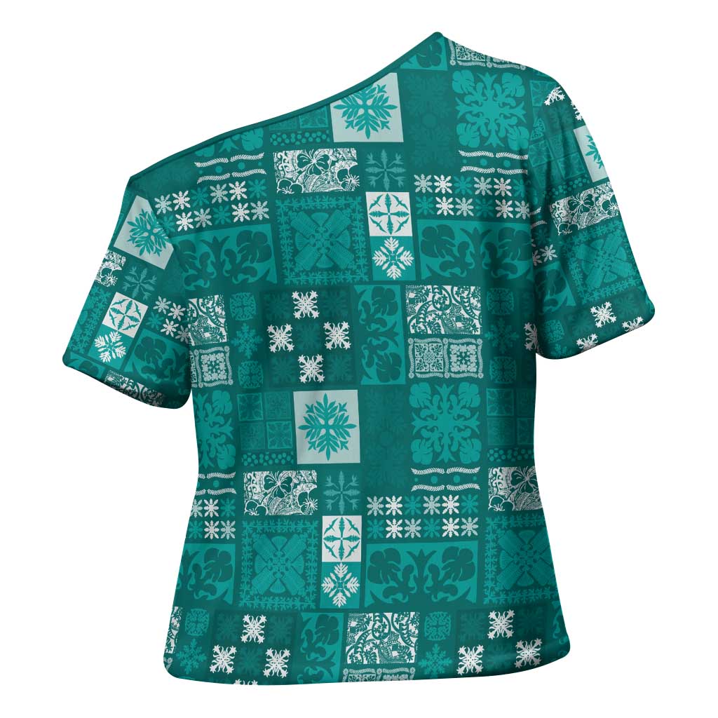 Vintage Hawaiian Quilting Patterns Cross Shoulder Shirt Turquoise Style Tribal Fabric Patchwork - Polynesian Pride