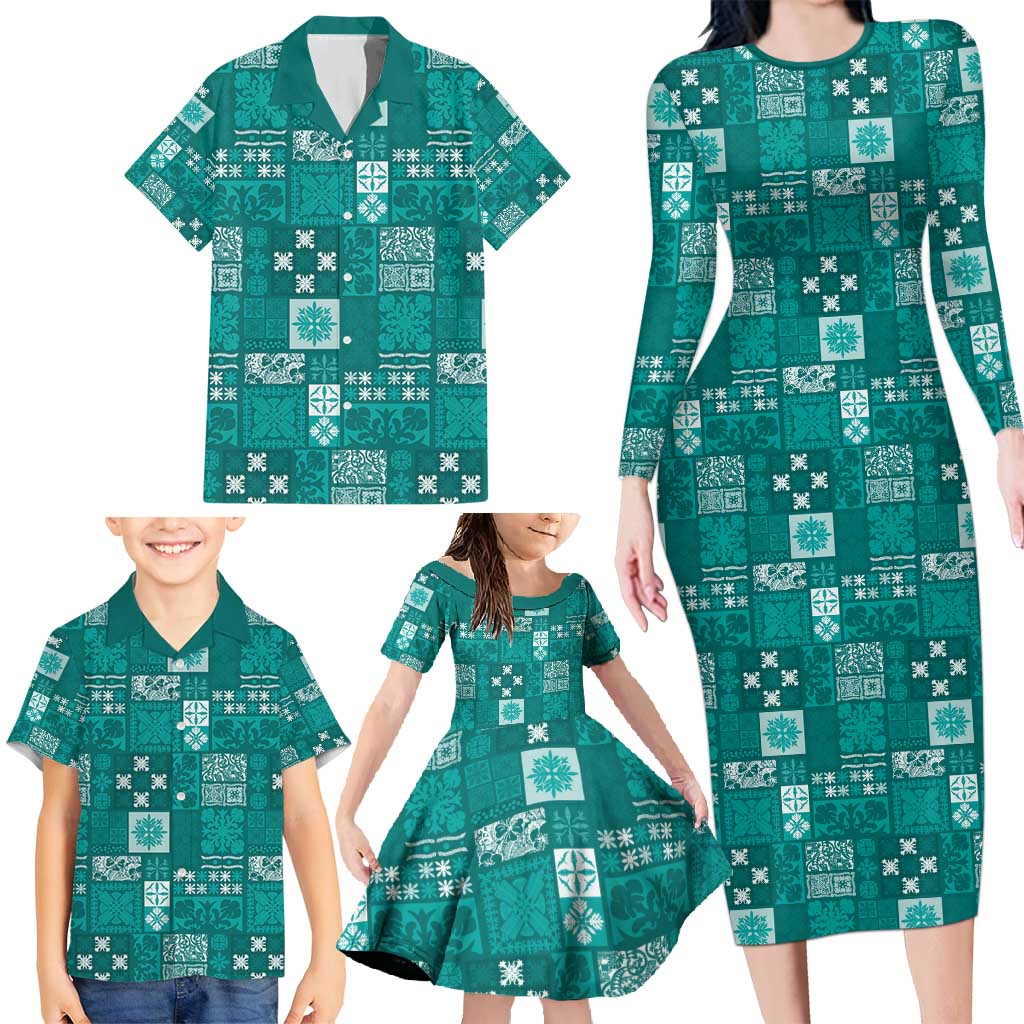 Vintage Hawaiian Quilting Patterns Family Matching Long Sleeve Bodycon Dress and Hawaiian Shirt Turquoise Style Tribal Fabric Patchwork - Polynesian Pride