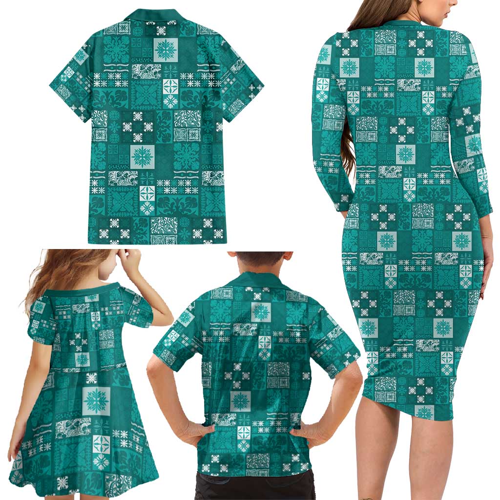 Vintage Hawaiian Quilting Patterns Family Matching Long Sleeve Bodycon Dress and Hawaiian Shirt Turquoise Style Tribal Fabric Patchwork - Polynesian Pride