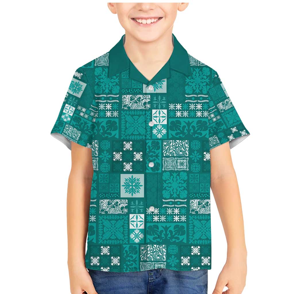 Vintage Hawaiian Quilting Patterns Family Matching Mermaid Dress and Hawaiian Shirt Turquoise Style Tribal Fabric Patchwork - Polynesian Pride