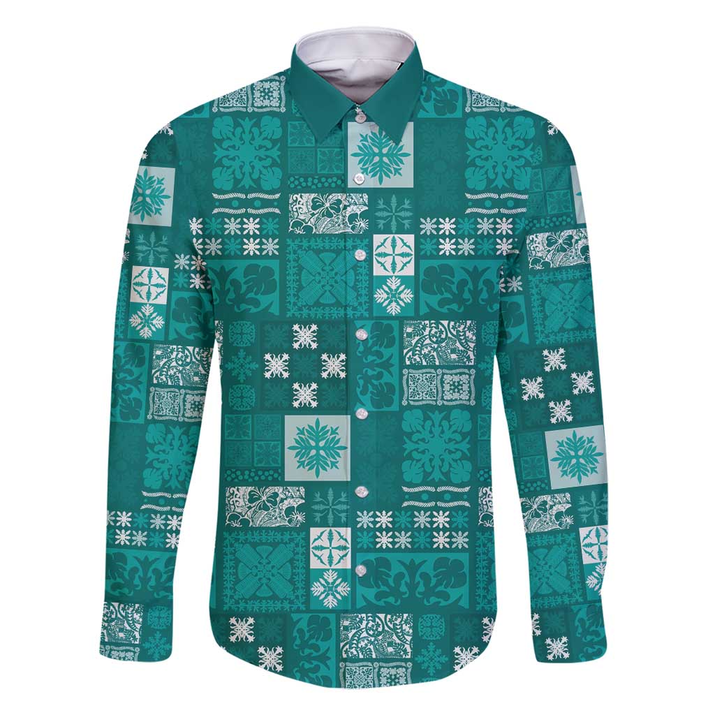 Vintage Hawaiian Quilting Patterns Family Matching Off Shoulder Maxi Dress and Hawaiian Shirt Turquoise Style Tribal Fabric Patchwork - Polynesian Pride