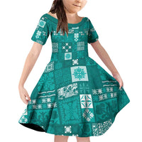 Vintage Hawaiian Quilting Patterns Family Matching Off Shoulder Short Dress and Hawaiian Shirt Turquoise Style Tribal Fabric Patchwork - Polynesian Pride