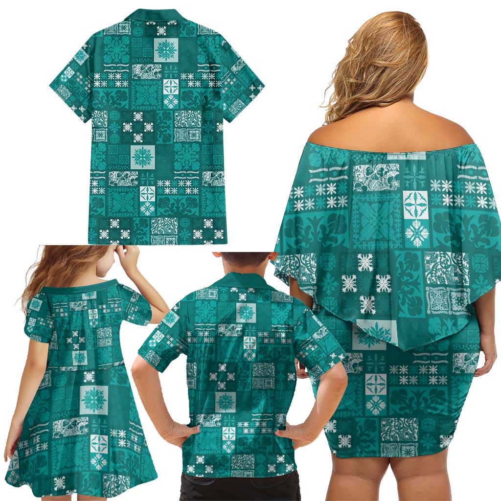 Vintage Hawaiian Quilting Patterns Family Matching Off Shoulder Short Dress and Hawaiian Shirt Turquoise Style Tribal Fabric Patchwork - Polynesian Pride