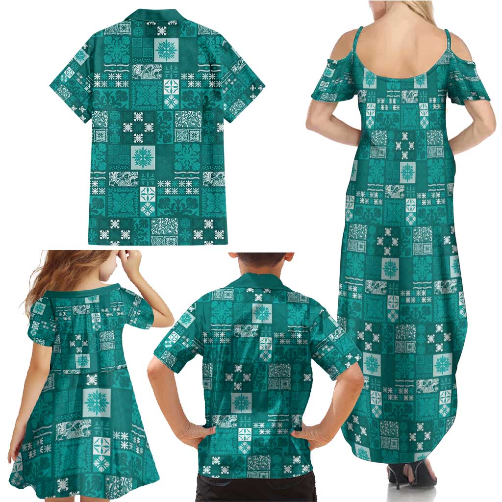 Vintage Hawaiian Quilting Patterns Family Matching Summer Maxi Dress and Hawaiian Shirt Turquoise Style Tribal Fabric Patchwork - Polynesian Pride