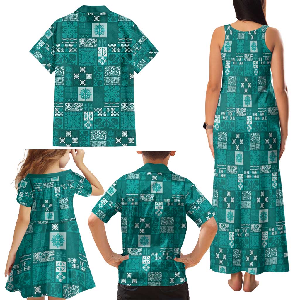 Vintage Hawaiian Quilting Patterns Family Matching Tank Maxi Dress and Hawaiian Shirt Turquoise Style Tribal Fabric Patchwork - Polynesian Pride