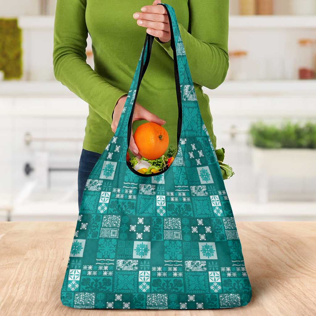 Vintage Hawaiian Quilting Patterns Grocery Bag Turquoise Style Tribal Fabric Patchwork - Polynesian Pride