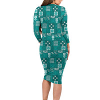 Vintage Hawaiian Quilting Patterns Long Sleeve Bodycon Dress Turquoise Style Tribal Fabric Patchwork - Polynesian Pride