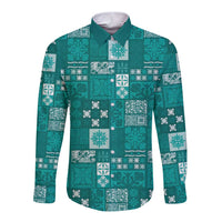 Vintage Hawaiian Quilting Patterns Long Sleeve Button Shirt Turquoise Style Tribal Fabric Patchwork - Polynesian Pride