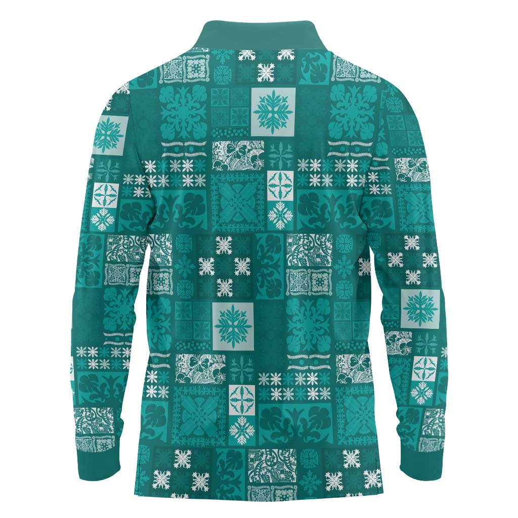 Vintage Hawaiian Quilting Patterns Long Sleeve Polo Shirt Turquoise Style Tribal Fabric Patchwork - Polynesian Pride