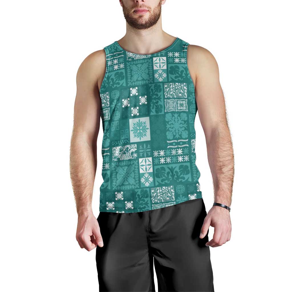 Vintage Hawaiian Quilting Patterns Men Tank Top Turquoise Style Tribal Fabric Patchwork - Polynesian Pride