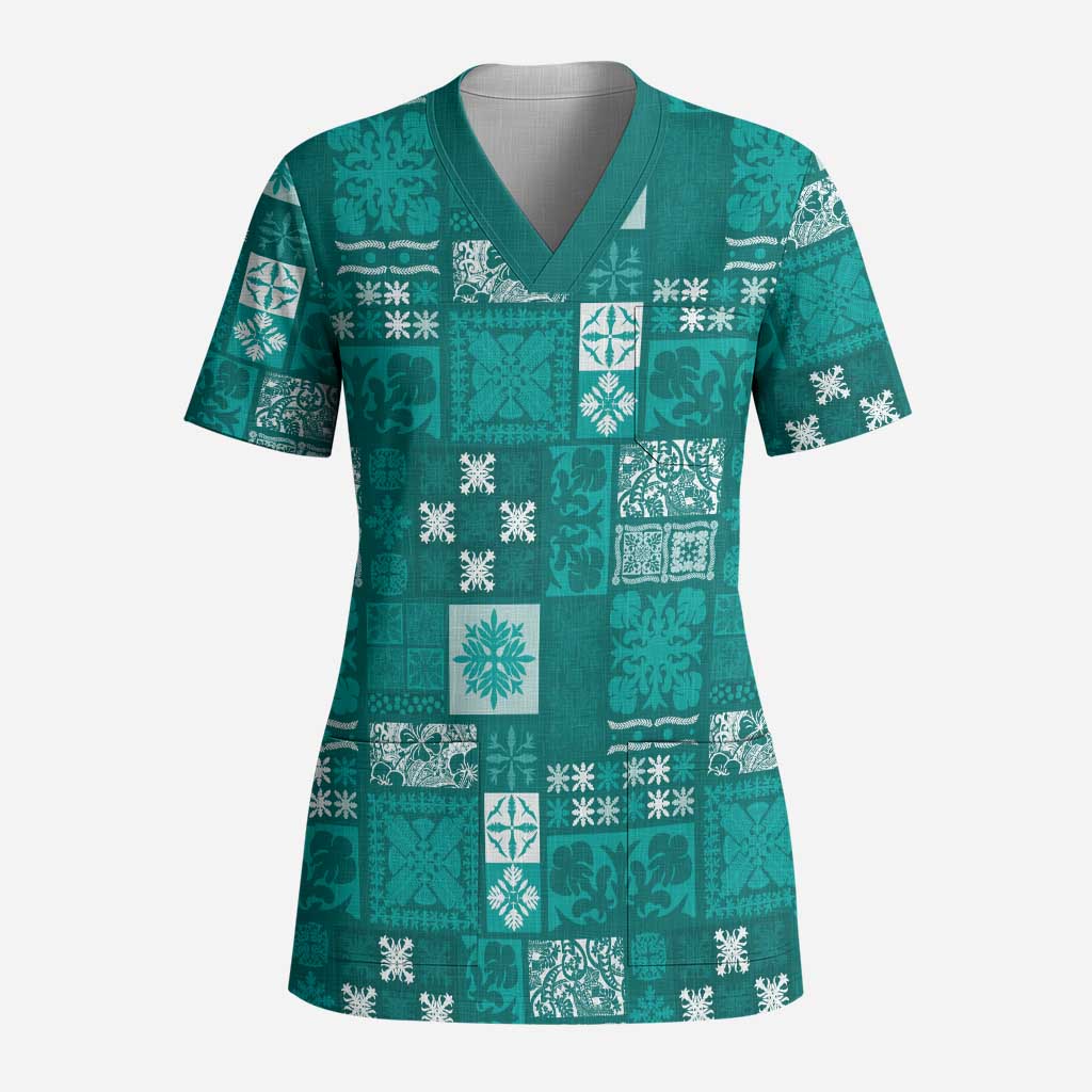 Vintage Hawaiian Quilting Patterns Scrub Top Turquoise Style Tribal Fabric Patchwork - Polynesian Pride