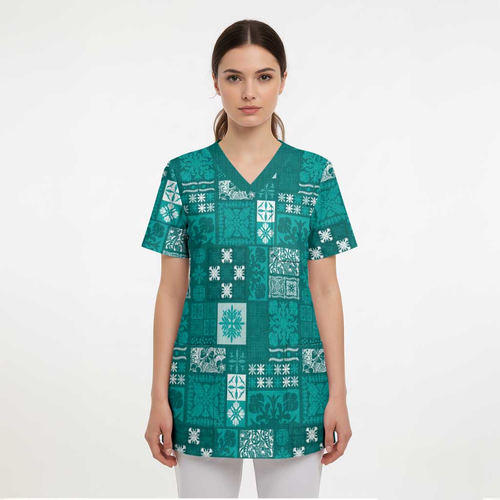 Vintage Hawaiian Quilting Patterns Scrub Top Turquoise Style Tribal Fabric Patchwork - Polynesian Pride