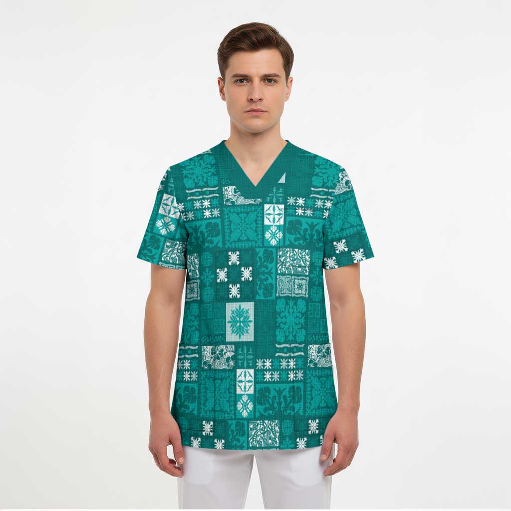 Vintage Hawaiian Quilting Patterns Scrub Top Turquoise Style Tribal Fabric Patchwork - Polynesian Pride