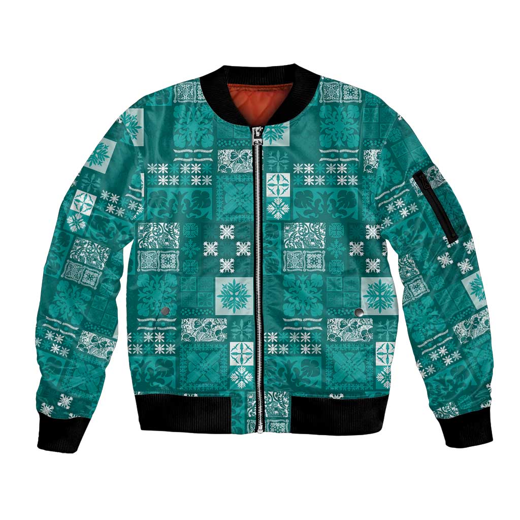 Vintage Hawaiian Quilting Patterns Sleeve Zip Bomber Jacket Turquoise Style Tribal Fabric Patchwork - Polynesian Pride