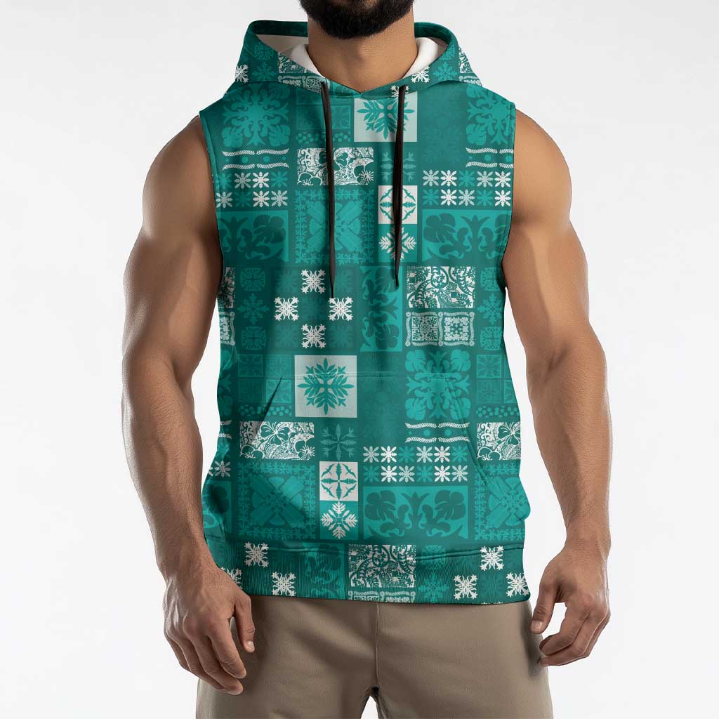 Vintage Hawaiian Quilting Patterns Sleeveless Hoodie Turquoise Style Tribal Fabric Patchwork LT9 - Polynesian Pride