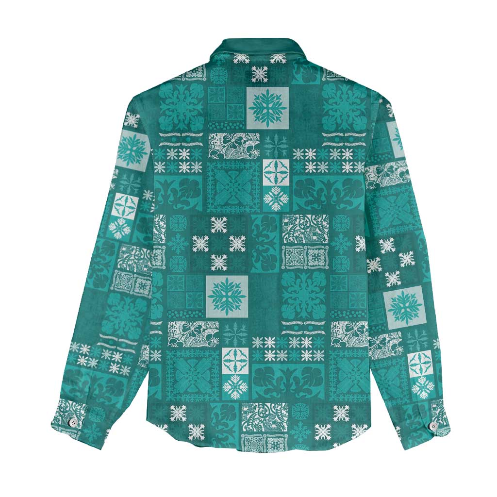 Vintage Hawaiian Quilting Patterns Women Casual Shirt Turquoise Style Tribal Fabric Patchwork - Polynesian Pride