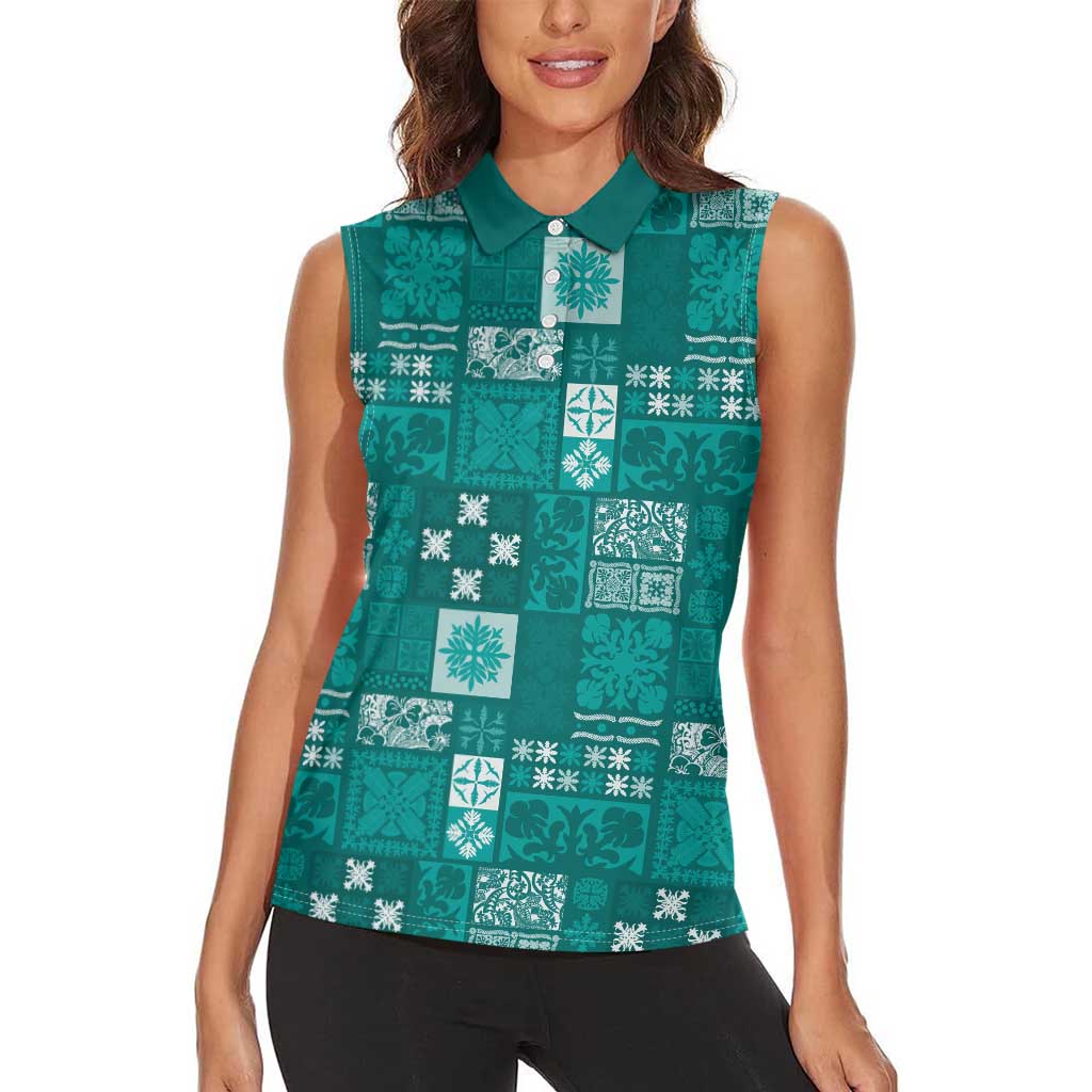Vintage Hawaiian Quilting Patterns Women Sleeveless Polo Shirt Turquoise Style Tribal Fabric Patchwork - Polynesian Pride
