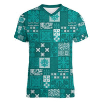 Vintage Hawaiian Quilting Patterns Women V-Neck T-Shirt Turquoise Style Tribal Fabric Patchwork - Polynesian Pride