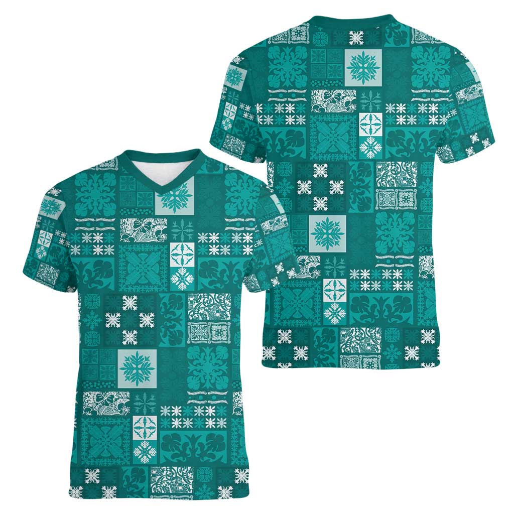 Vintage Hawaiian Quilting Patterns Women V-Neck T-Shirt Turquoise Style Tribal Fabric Patchwork - Polynesian Pride