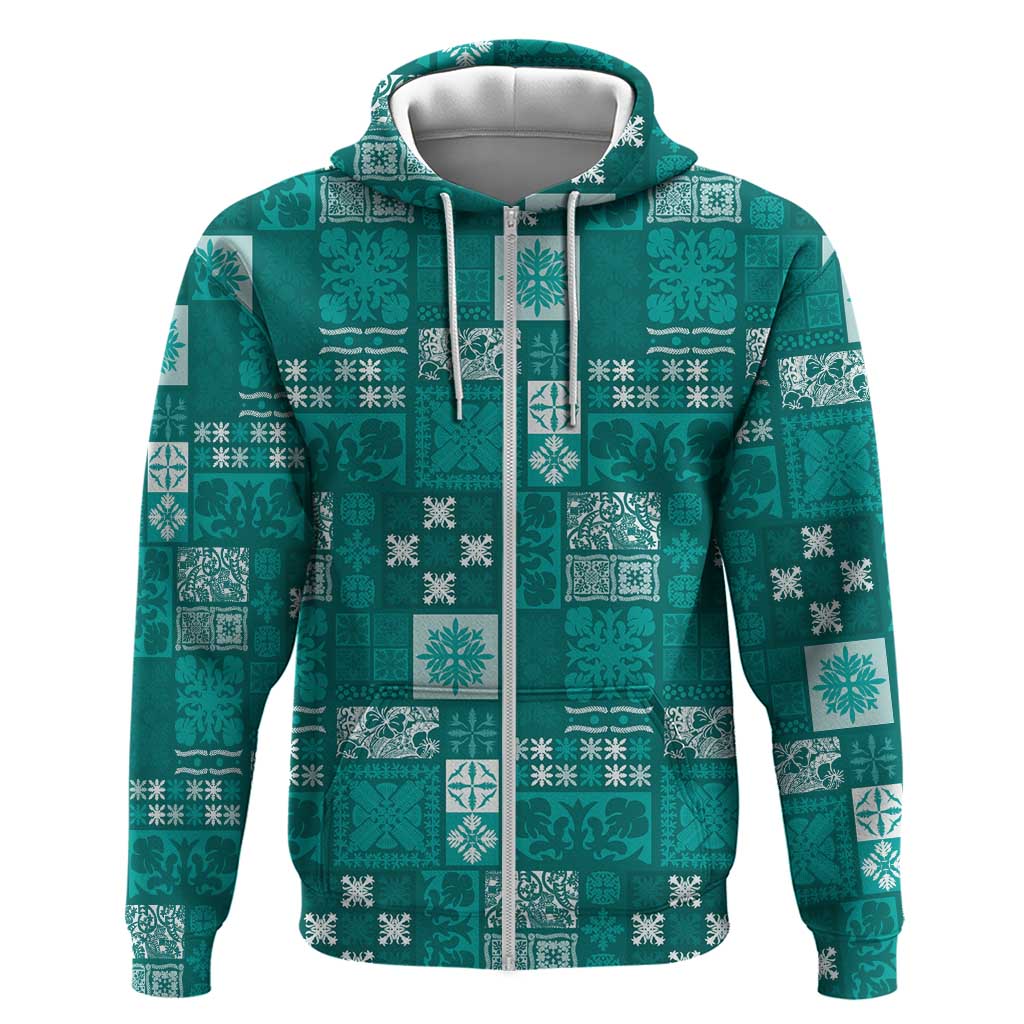 Vintage Hawaiian Quilting Patterns Zip Hoodie Turquoise Style Tribal Fabric Patchwork - Polynesian Pride