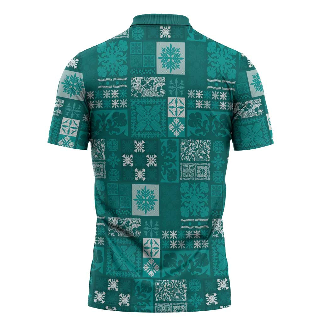 Vintage Hawaiian Quilting Patterns Zipper Polo Shirt Turquoise Style Tribal Fabric Patchwork - Polynesian Pride