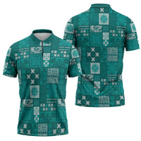 Vintage Hawaiian Quilting Patterns Zipper Polo Shirt Turquoise Style Tribal Fabric Patchwork - Polynesian Pride