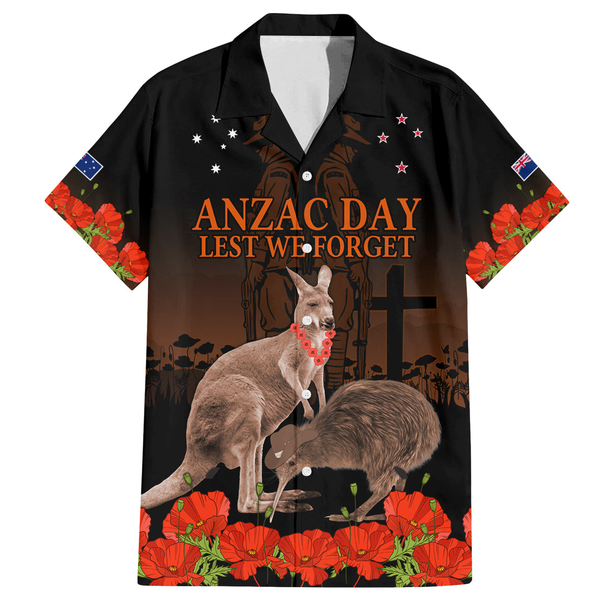 Kangaroo and Kiwi Bird ANZAC Day Custom Family Matching Long Sleeve Bodycon Dress and Hawaiian Shirt Soldier Style LT9 Dad's Shirt - Short Sleeve Black - Polynesian Pride