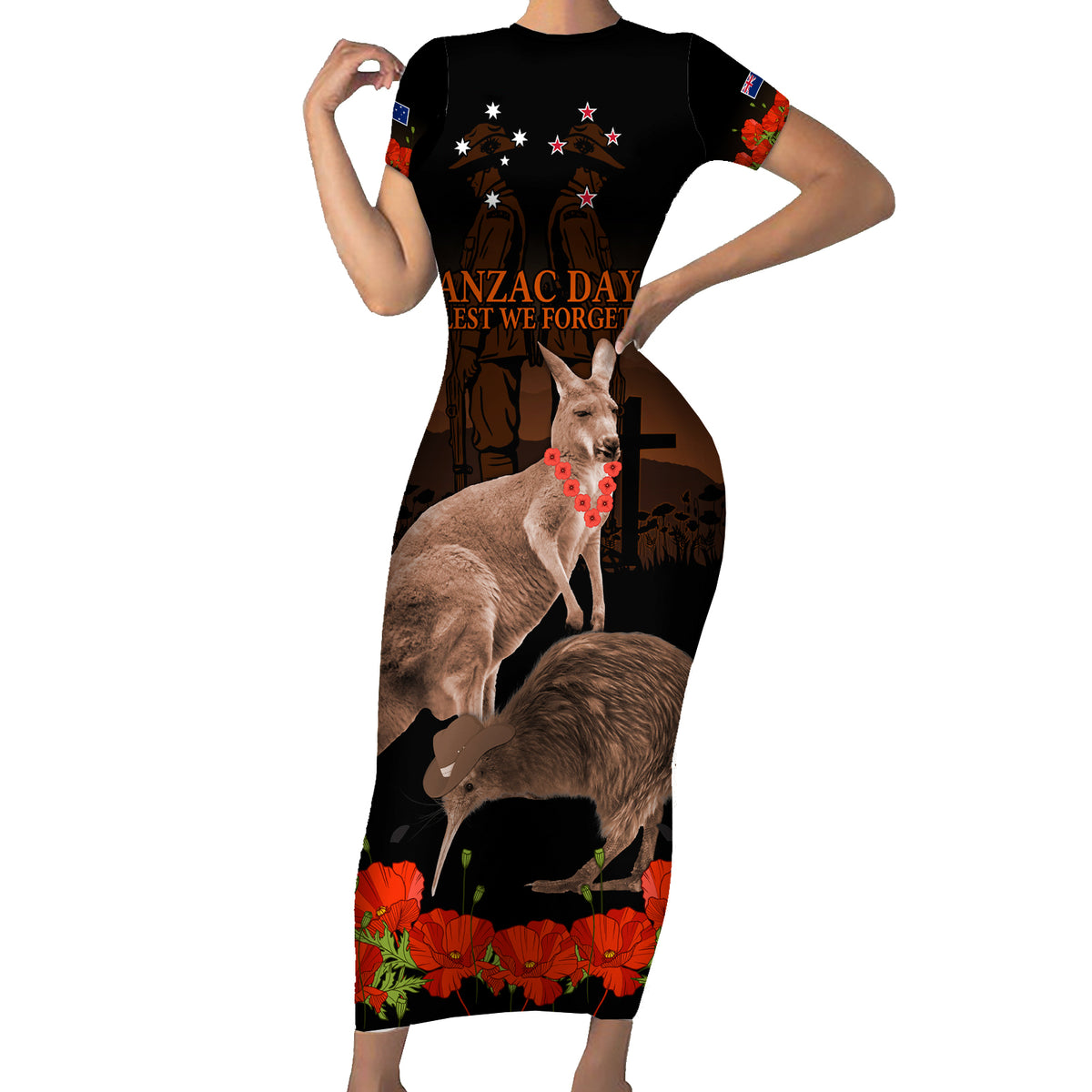 Kangaroo and Kiwi Bird ANZAC Day Custom Family Matching Short Sleeve Bodycon Dress and Hawaiian Shirt Soldier Style LT9 Mom's Dress Black - Polynesian Pride