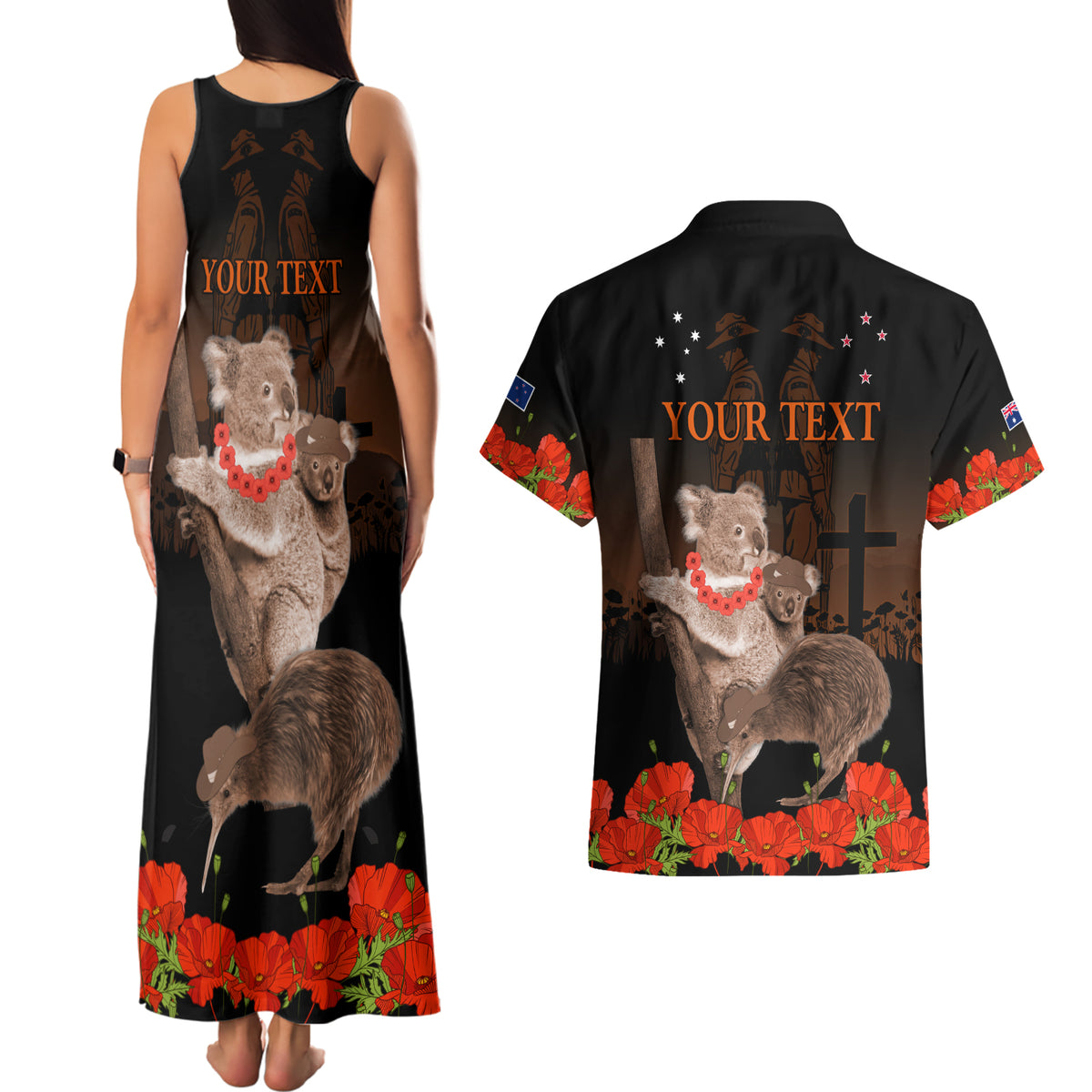 Koala and Kiwi Bird ANZAC Day Custom Couples Matching Tank Maxi Dress and Hawaiian Shirt Soldier Style LT9 - Polynesian Pride