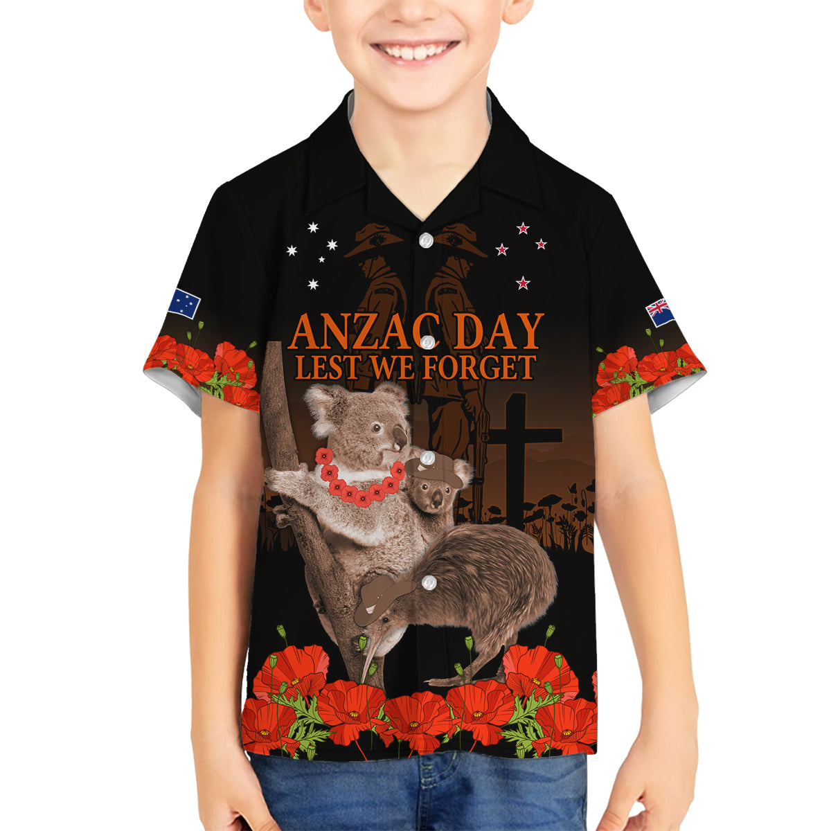 Koala and Kiwi Bird ANZAC Day Custom Family Matching Off Shoulder Maxi Dress and Hawaiian Shirt Soldier Style LT9 Son's Shirt Black - Polynesian Pride