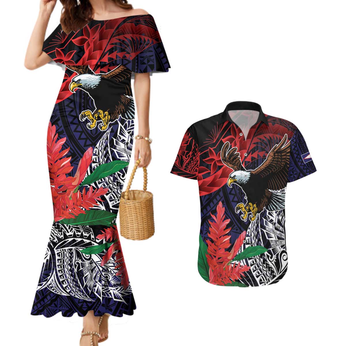 American Samoa Bald Eagle Personalized Couples Matching Mermaid Dress and Hawaiian Shirt Samoa Muamua Le Atua