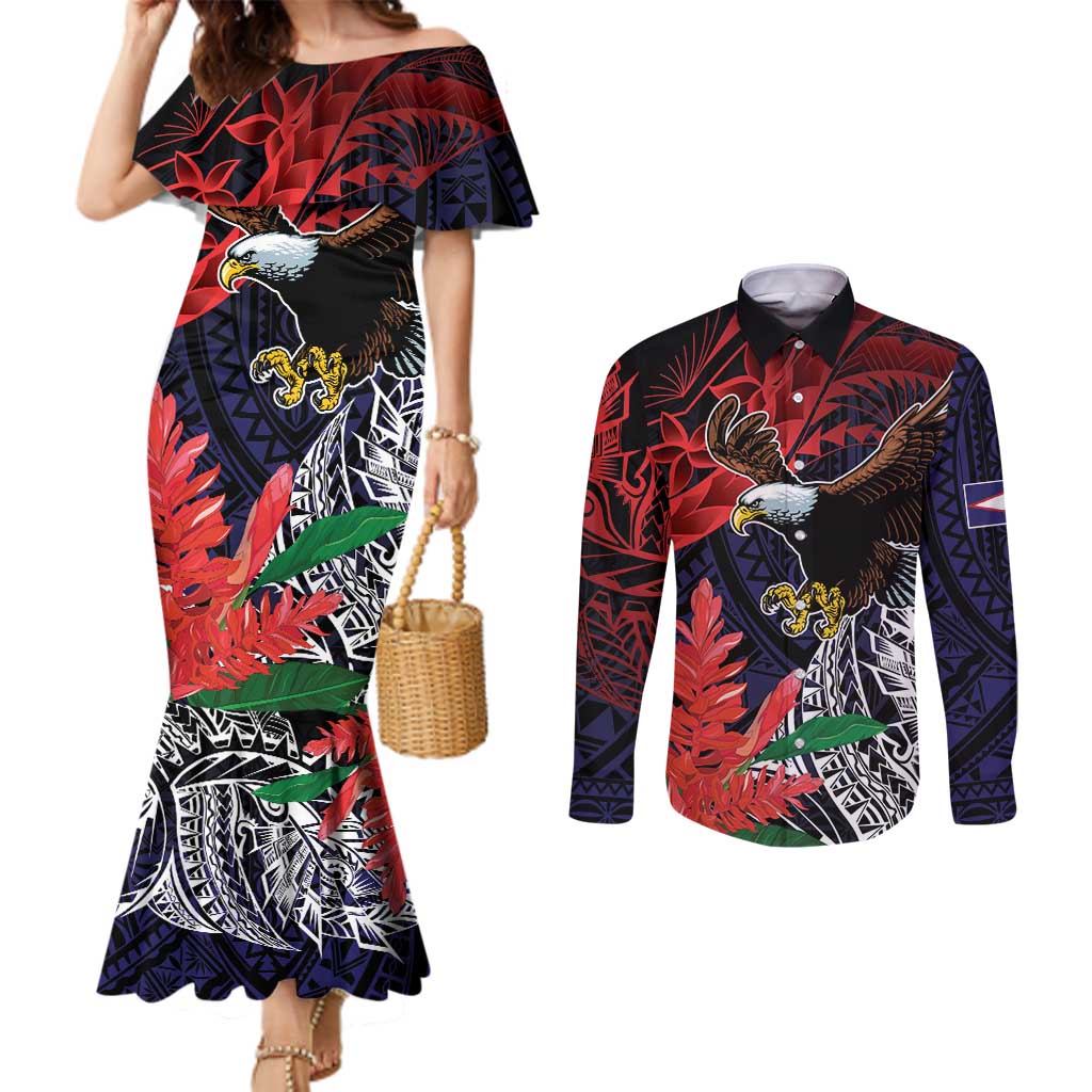 American Samoa Bald Eagle Personalized Couples Matching Mermaid Dress and Long Sleeve Button Shirt Samoa Muamua Le Atua