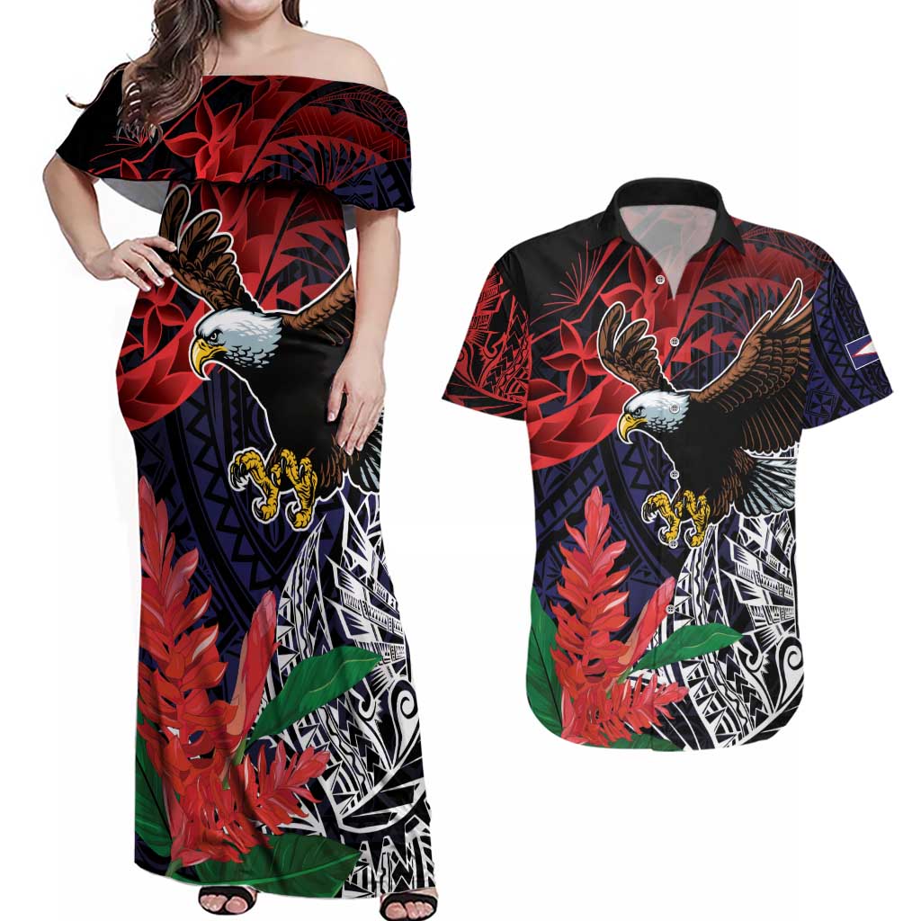 American Samoa Bald Eagle Personalized Couples Matching Off Shoulder Maxi Dress and Hawaiian Shirt Samoa Muamua Le Atua