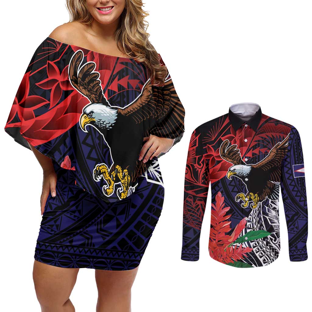 American Samoa Bald Eagle Personalized Couples Matching Off Shoulder Short Dress and Long Sleeve Button Shirt Samoa Muamua Le Atua