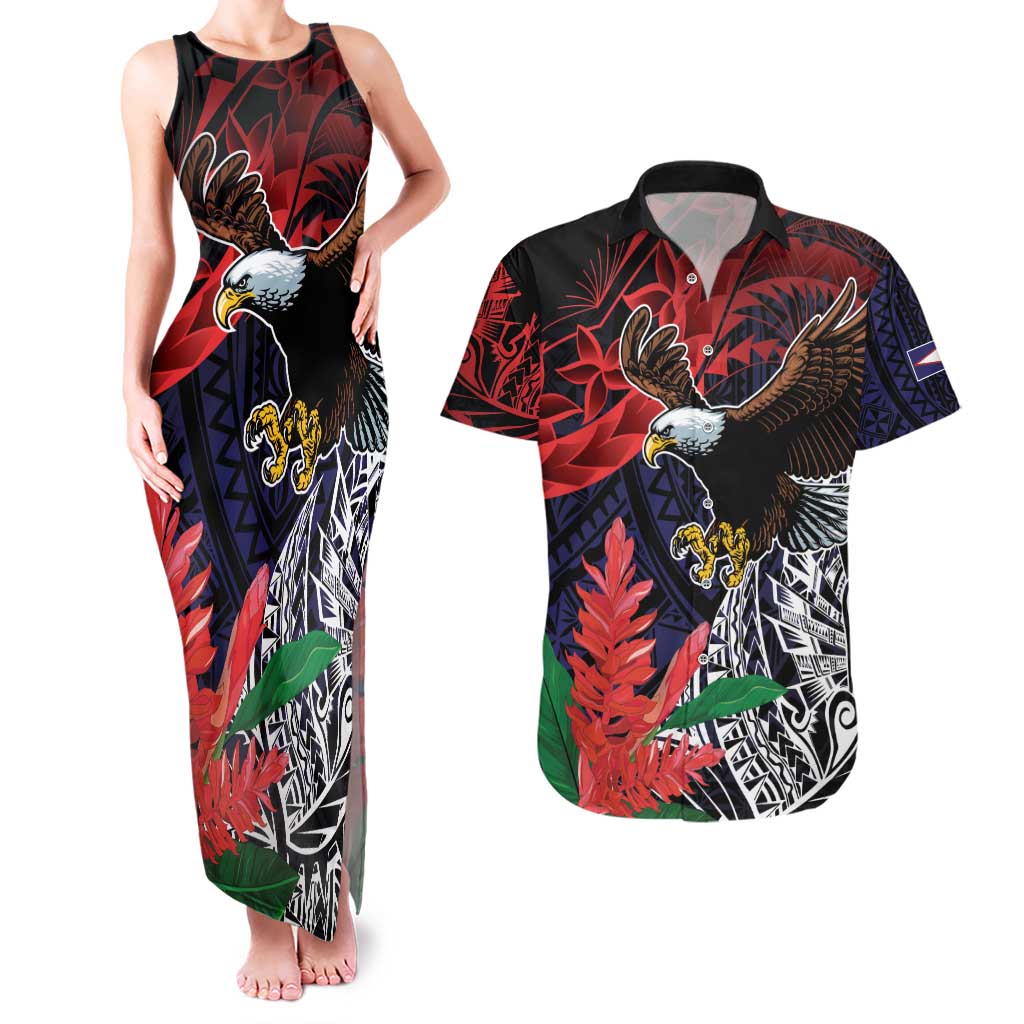American Samoa Bald Eagle Personalized Couples Matching Tank Maxi Dress and Hawaiian Shirt Samoa Muamua Le Atua