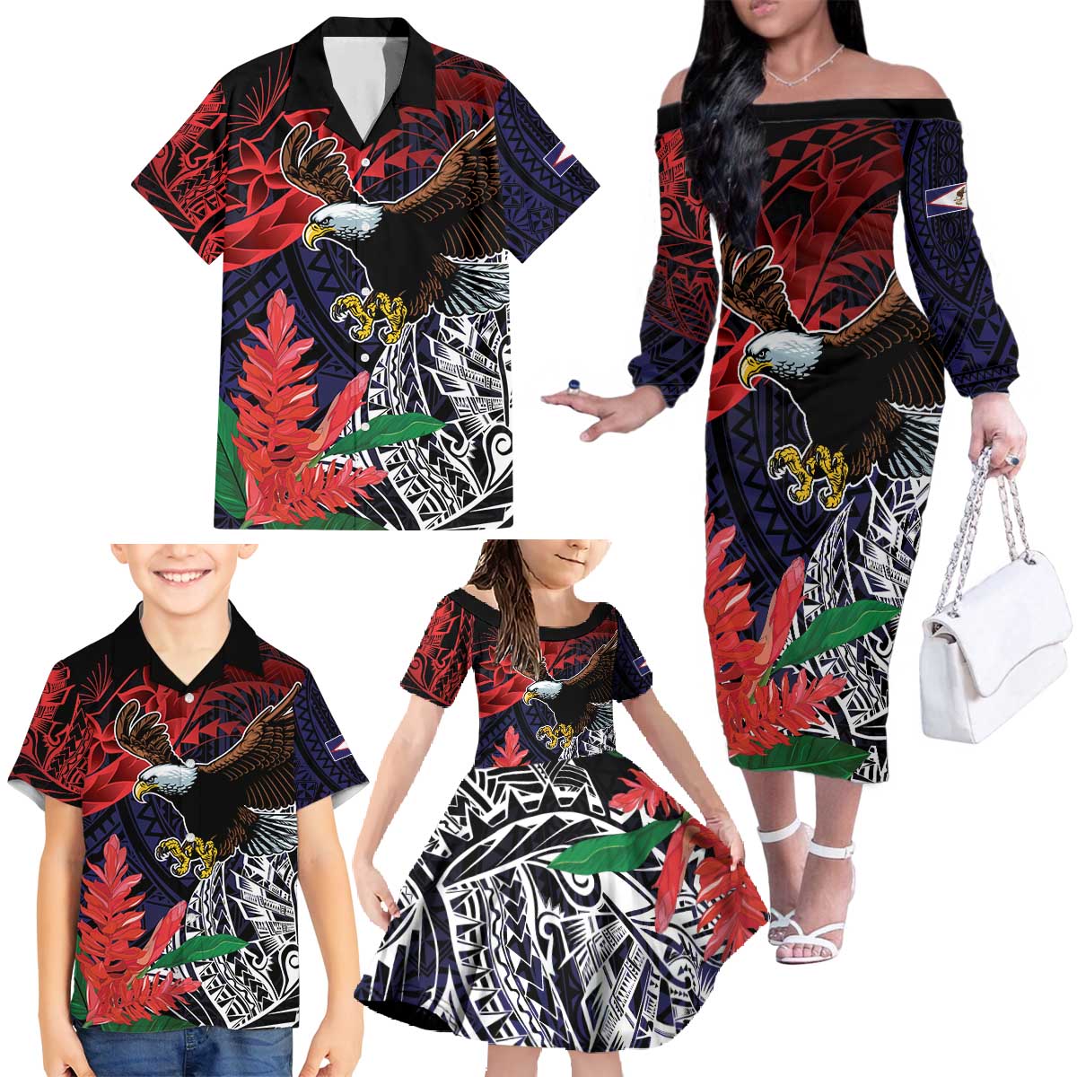 American Samoa Bald Eagle Personalized Family Matching Off The Shoulder Long Sleeve Dress and Hawaiian Shirt Samoa Muamua Le Atua
