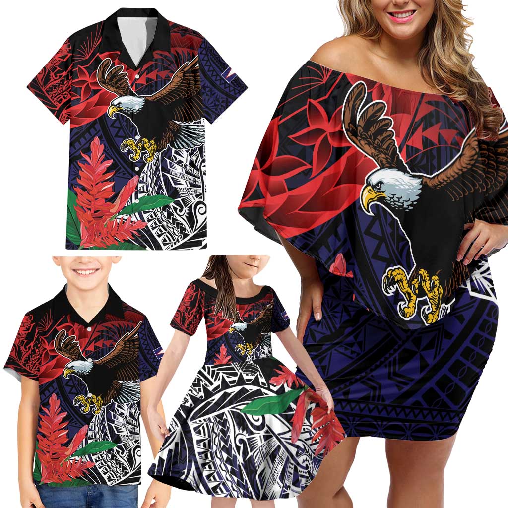 American Samoa Bald Eagle Personalized Family Matching Off Shoulder Short Dress and Hawaiian Shirt Samoa Muamua Le Atua