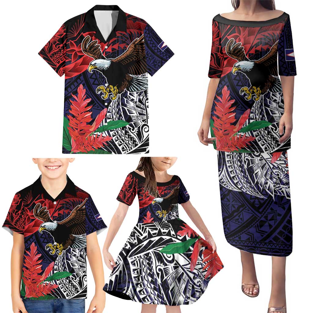 American Samoa Bald Eagle Personalized Family Matching Puletasi and Hawaiian Shirt Samoa Muamua Le Atua