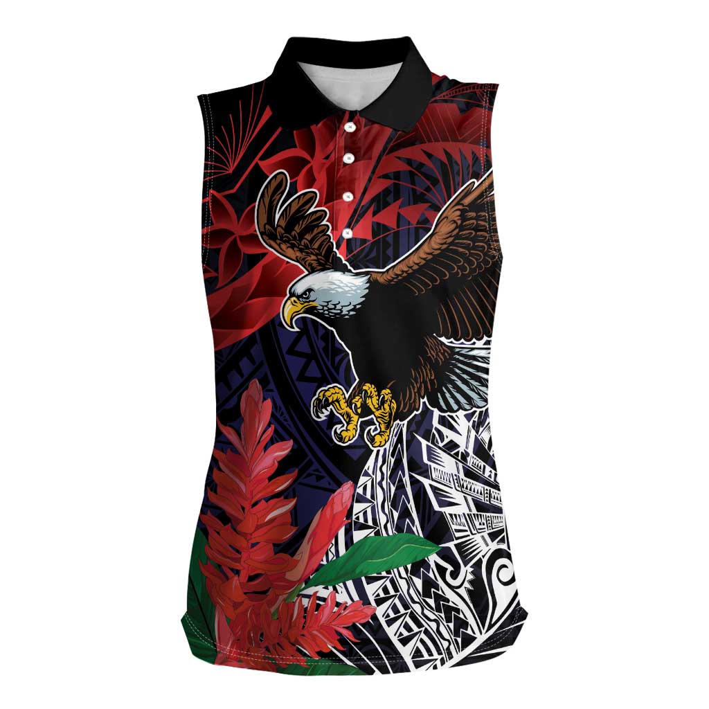 American Samoa Bald Eagle Personalized Women Sleeveless Polo Shirt Samoa Muamua Le Atua