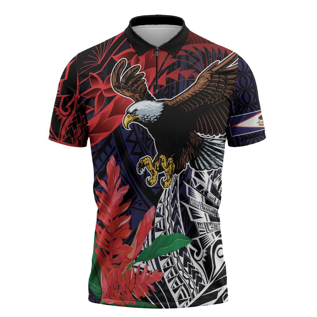 American Samoa Bald Eagle Personalized Zipper Polo Shirt Samoa Muamua Le Atua - Polynesian Pride